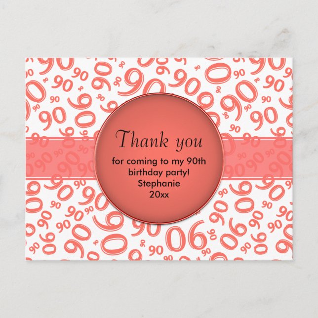 Vielen Dank: 90 Coral/White Birthday Number Patter Postkarte (Vorderseite)