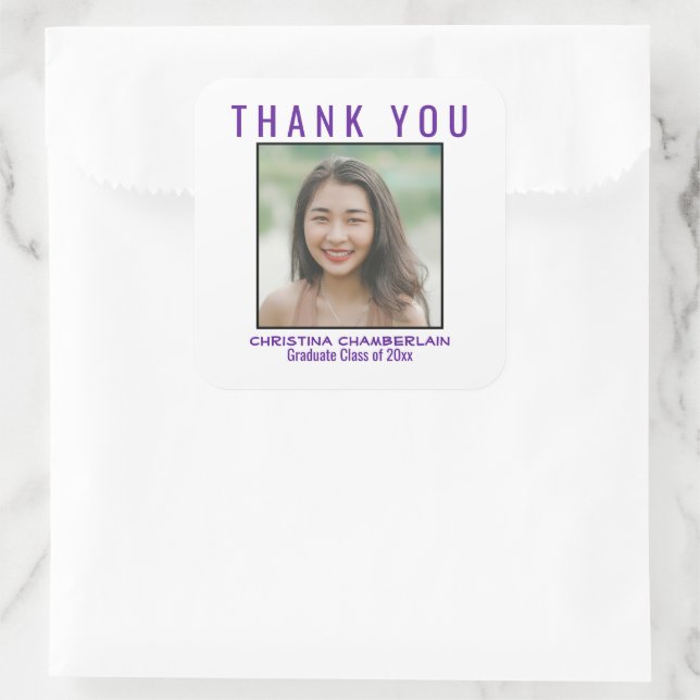 Vielen Dank Abschluss Lila Black Custom Foto Quadratischer Aufkleber (Tasche)