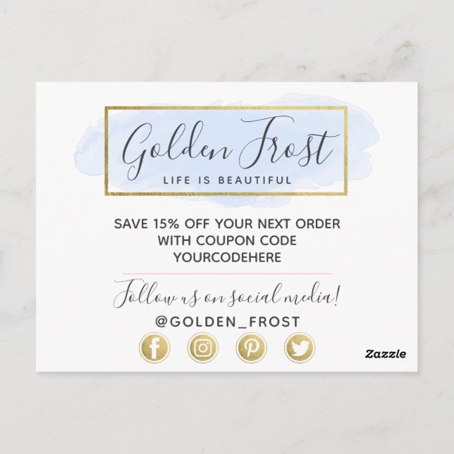 Vielen Dank an Light Blue Watercolor & Modern Gold Postkarte (Rückseite)