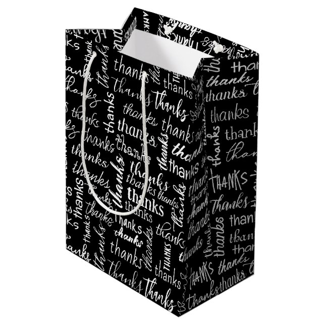 Vielen Dank an White Text auf schwarz Mittlere Geschenktüte (Rückseite Schrägansicht)