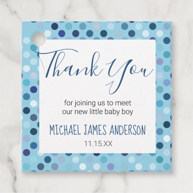 Vielen Dank Baby Boy Shower Blue Polka Dots Geschenkanhänger (Vorderseite)