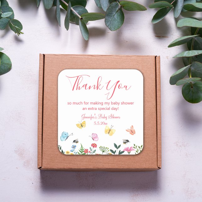 Vielen Dank, Baby Dusche Blume und Schmetterlinge  Quadratischer Aufkleber (Von Creator hochgeladen)