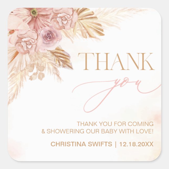 Vielen Dank, Baby Duwer Boho Pampas Grass Theme Quadratischer Aufkleber (Vorderseite)