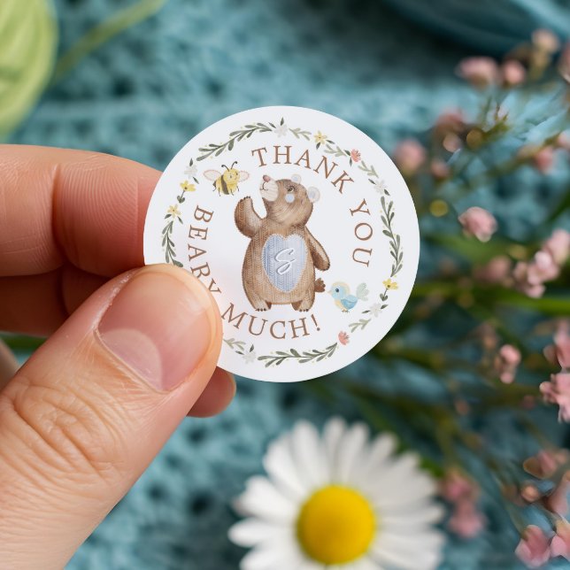 Vielen Dank Beary Much gewitzter Waldbär Blüte Runder Aufkleber (Thank You Beary Much Knitted Woodland Bear Floral Classic Round Sticker)