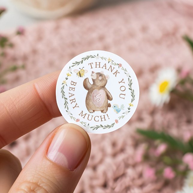Vielen Dank Beary Much gewitzter Waldbär Blüte Runder Aufkleber (Thank You Beary Much Knitted Woodland Bear Floral Classic Round Sticker)