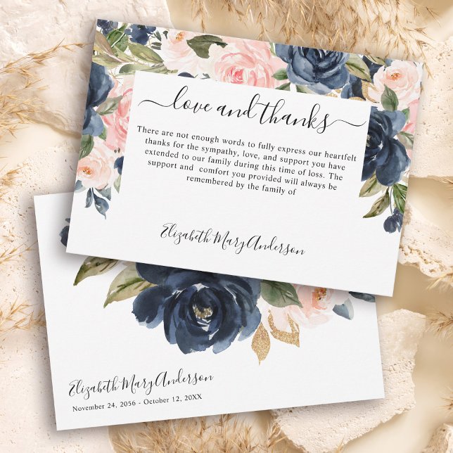 Vielen Dank Bereavement Navy Pink Floral Memorial Dankeskarte (Von Creator hochgeladen)