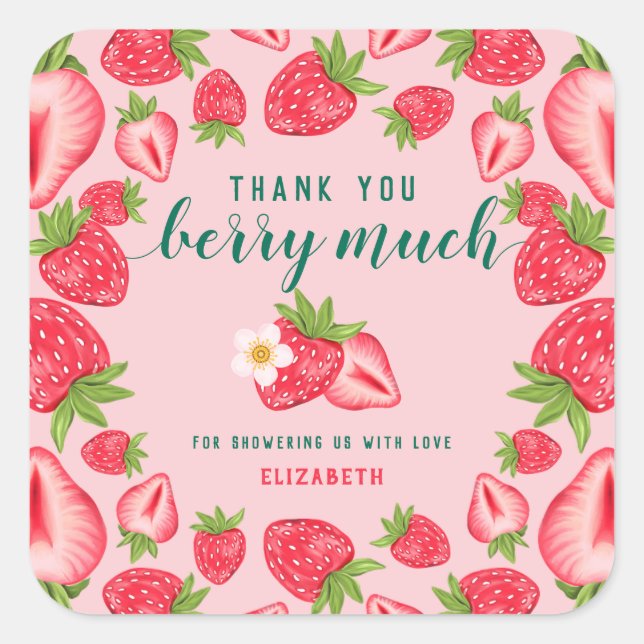 Vielen Dank Berry Much Strawberry Baby Dusche Cust Quadratischer Aufkleber (Vorderseite)