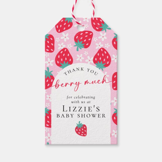 Vielen Dank Berry Much Strawberry Baby Dusche Geschenkanhänger (Vorderseite)