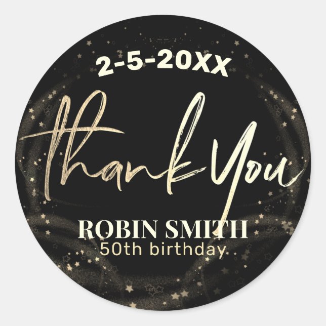 Vielen Dank, Black and Gold Modern Birthday Gefall Runder Aufkleber (Vorderseite)