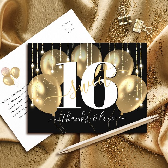 Vielen Dank Black Gold Sweet 16 Birthday Balloons Postkarte (Von Creator hochgeladen)