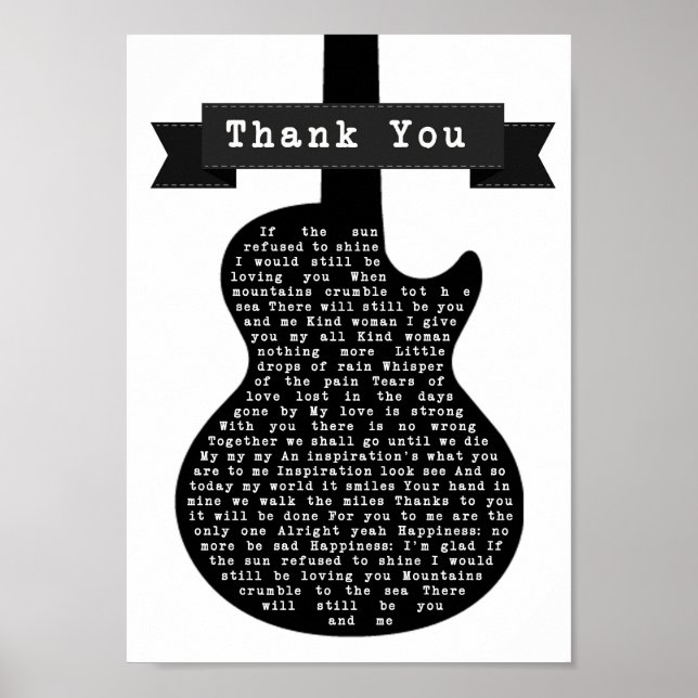 Vielen Dank, Black & White Gitarre Song Lyric Prin Poster (Vorne)