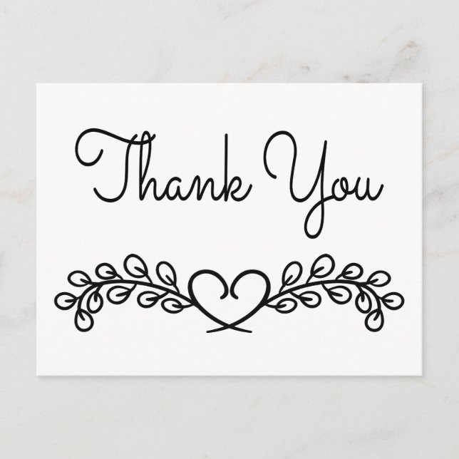 Vielen Dank, Black & White Laurel Heart Wedding Postkarte (Vorderseite)