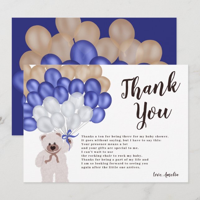 Vielen Dank, blaue Ballon Bären Babydusche Dankeskarte (Vorne/Hinten)
