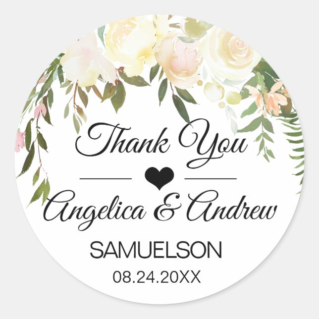 Vielen Dank, Bloral Blush Pink Elfenbein Hochzeit Runder Aufkleber (Vorderseite)