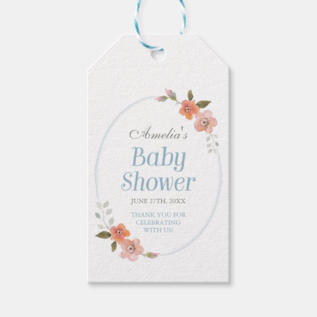 Vielen Dank Blue Baby Dusche mit zarter Blüte Geschenkanhänger (Vorderseite)