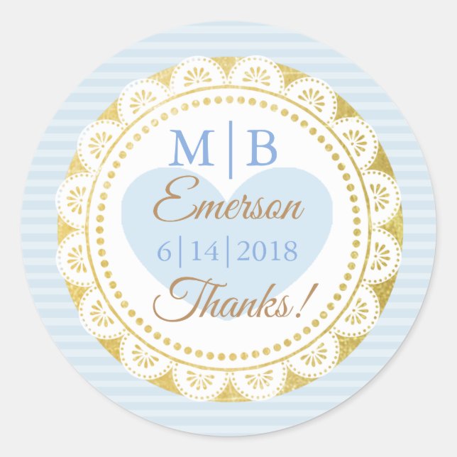 Vielen Dank, Blue Gold Personalisiert Wedding Stic Runder Aufkleber (Vorderseite)