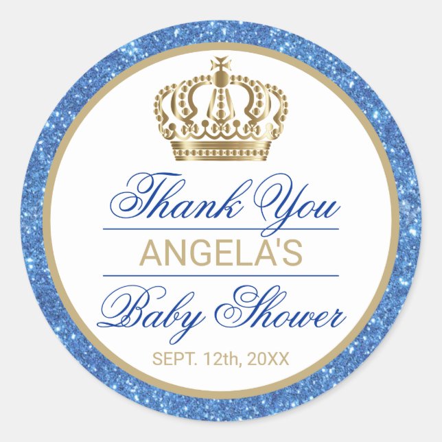 Vielen Dank Blue Prince Gold Crown Baby Dusche Runder Aufkleber (Vorderseite)