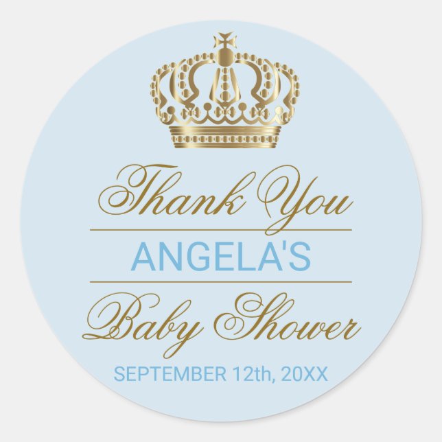 Vielen Dank Blue Prince Gold Crown Baby Dusche Runder Aufkleber (Vorderseite)