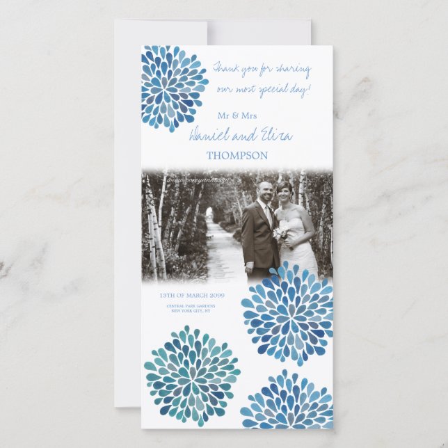 Vielen Dank Blue Watercolor Dahlias Wedding Dankeskarte (Vorderseite)