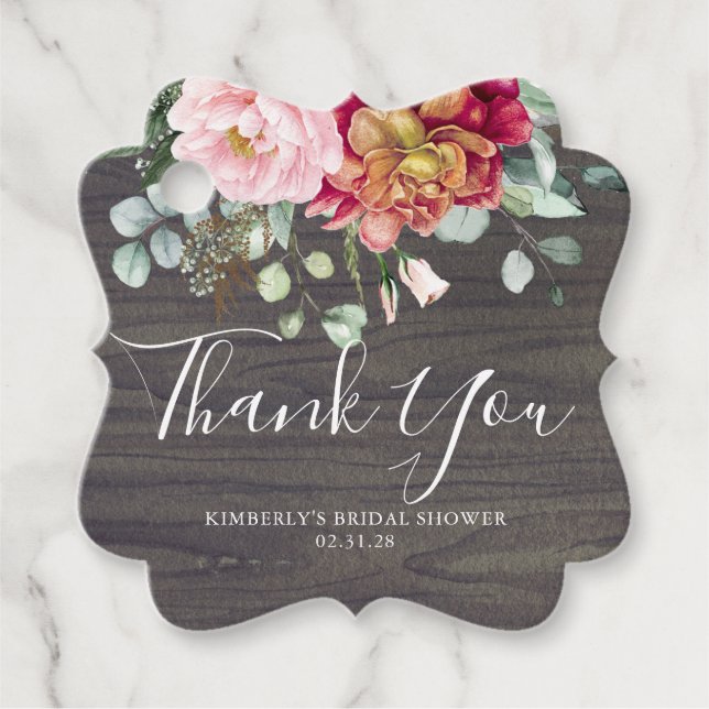 Vielen Dank Blume Rustic Wood Brautparty Geschenkanhänger (Vorderseite)
