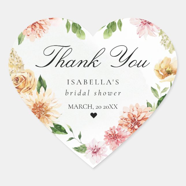 Vielen Dank Blush Floral Romantic Brautparty Herz-Aufkleber (Vorderseite)