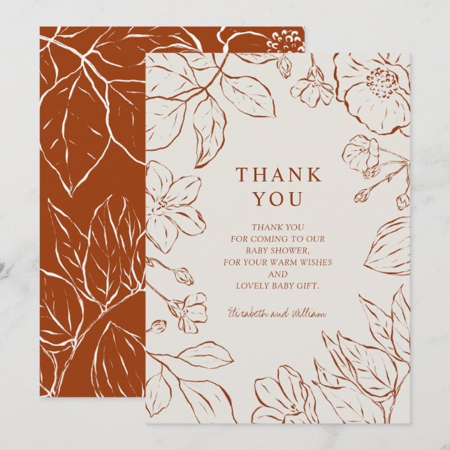 Vielen Dank Burnt Orange Botanical Baby Dusche Dankeskarte (Vorne/Hinten)