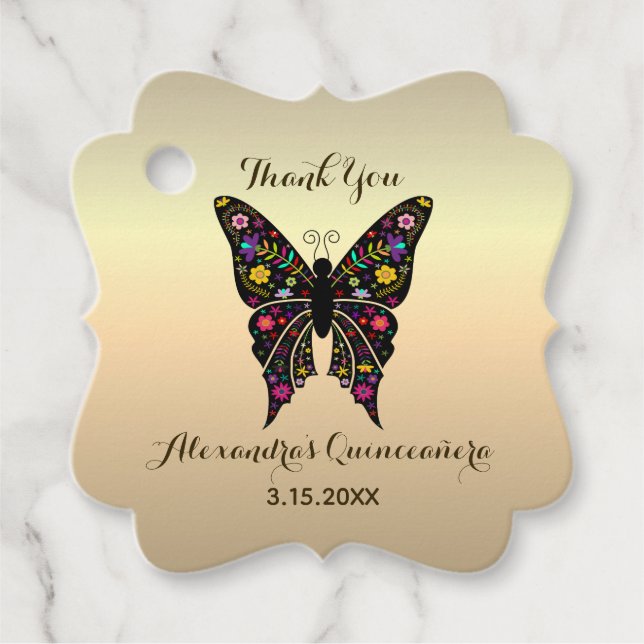 Vielen Dank Butterfly Gold Quinceanera Geschenkanhänger (Vorderseite)