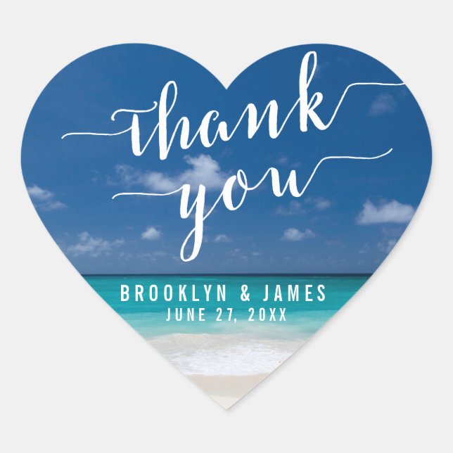 Vielen Dank Calligraphy Beach Heart Wedding Sticke Herz-Aufkleber (Vorderseite)