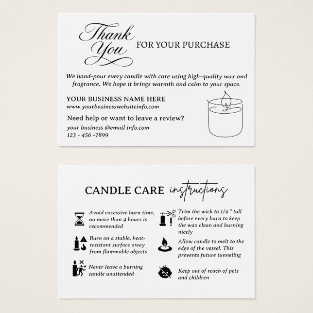 Vielen Dank & Candle Care Packet Beilage Karte (Vorne & Hinten)