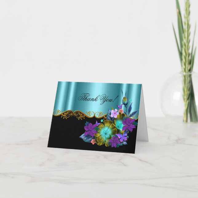 Vielen Dank Card Aquamarin Blue Black Gold Lila Fl Dankeskarte (Vorderseite)