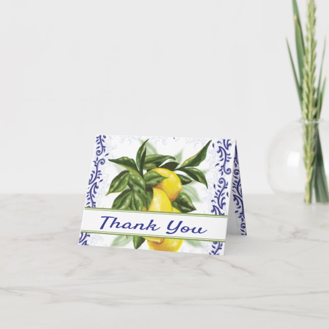 Vielen Dank Card Blue Toile Lemons angepasst Dankeskarte (Vorderseite)