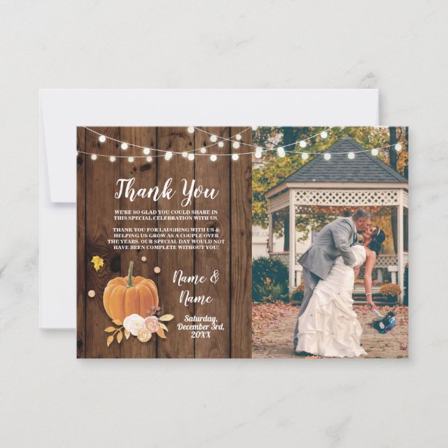 Vielen Dank Card Foto Pumpkin Lights Wood Einladung (Vorderseite)
