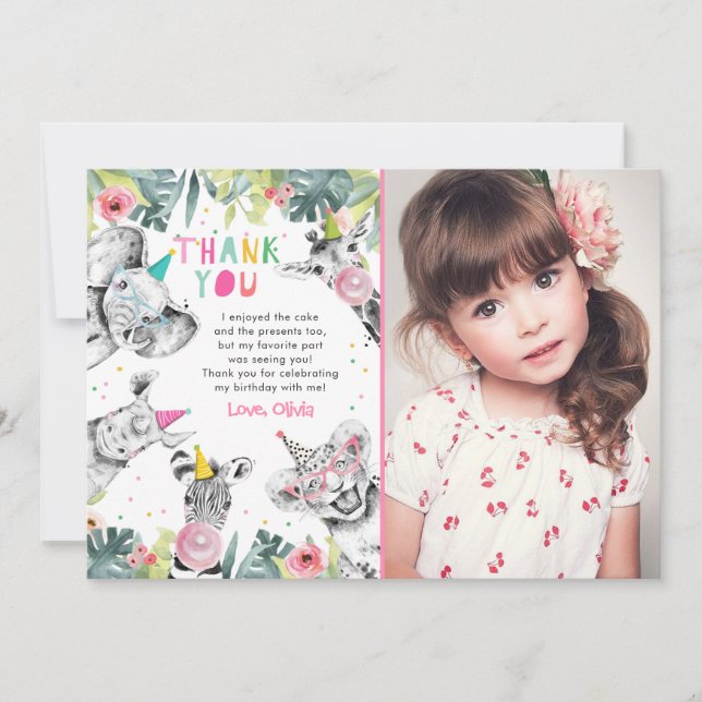 Vielen Dank Card Party Tiere Girl Safari Geburtsta Einladung (Vorderseite)