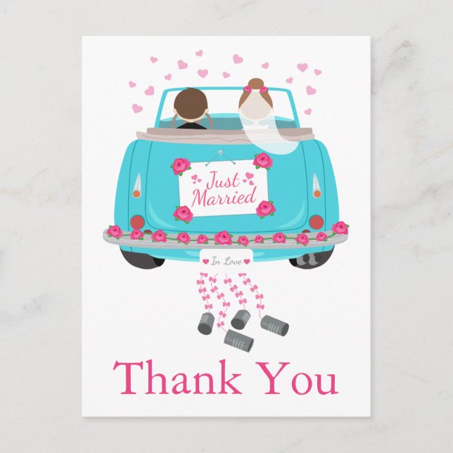 Vielen Dank Cartoon Bride Groom Blue Pink Wedding Postkarte (Vorderseite)