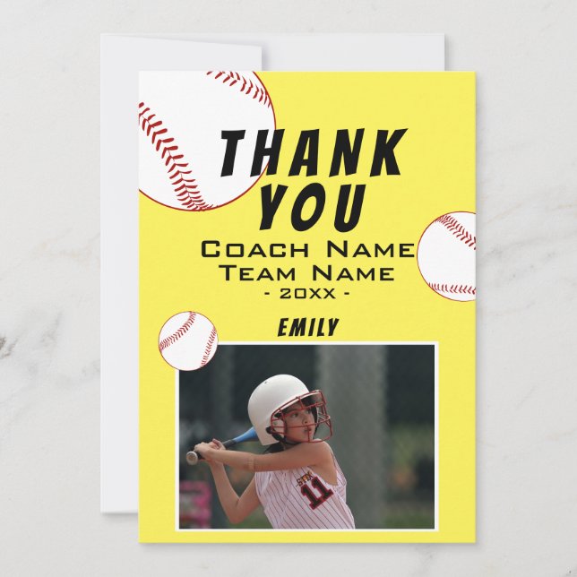 Vielen Dank Coach Yellow Softball Foto Card Dankeskarte (Vorderseite)