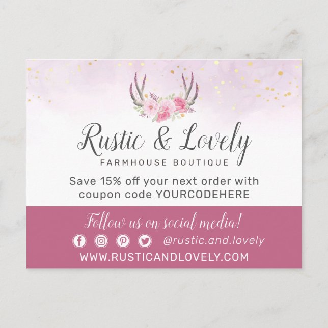 Vielen Dank, dass Sie Floral Antlers Blush Pink &  Postkarte (Rückseite)
