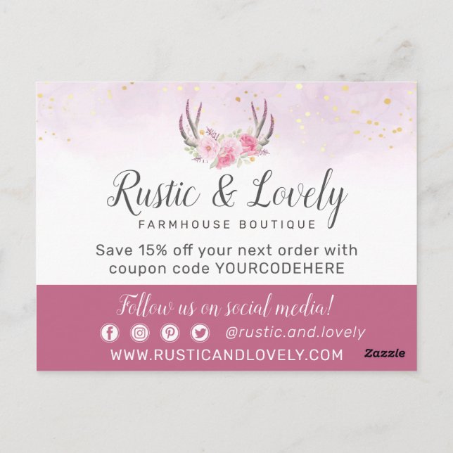 Vielen Dank, dass Sie Floral Antlers Blush Pink &  Postkarte (Rückseite)