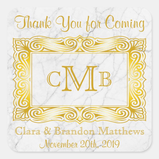 Vielen Dank, dass Sie Gold Classic Monogram Frame  Quadratischer Aufkleber (Vorderseite)