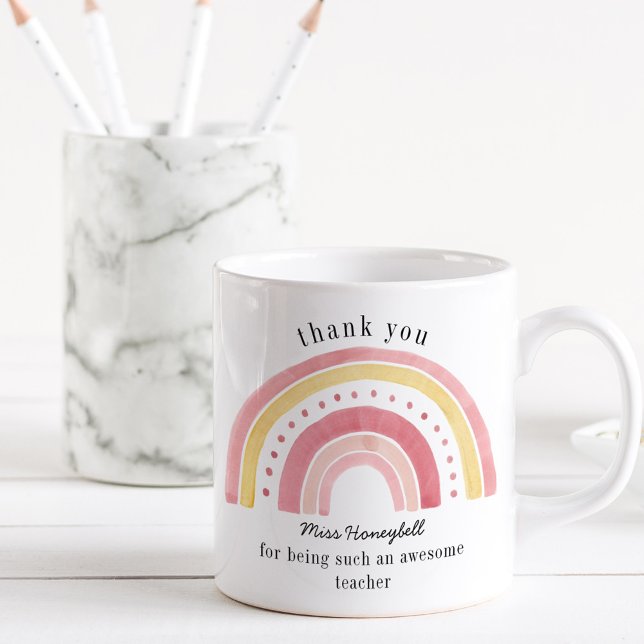 Vielen Dank Doodle Pink Rainbow Phantastisch Teach Kaffeetasse (Awesome Teacher thank you gift mug with pastel rainbow)