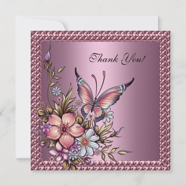 Vielen Dank Elegant Floral Butterfly Pink Dankeskarte (Vorderseite)