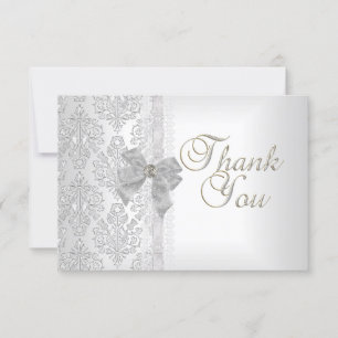 Vielen Dank Elegant Wedding Damask White Silver Bo Dankeskarte