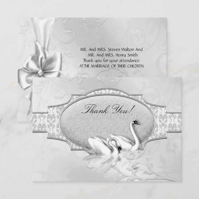 Vielen Dank Elegant Wedding Silver White Swans Her Einladung (Vorne/Hinten)