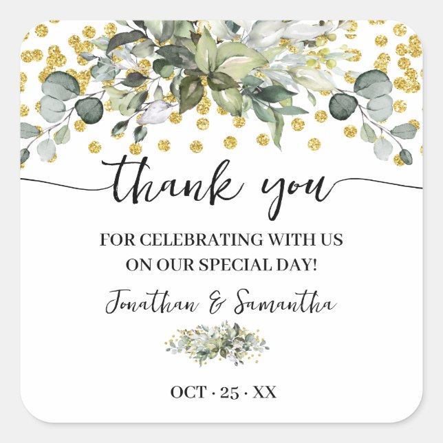 Vielen Dank Eucalyptus Gold Wedding Quadratischer Aufkleber (Vorderseite)