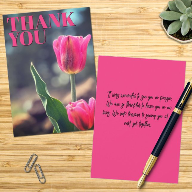Vielen Dank Flat Card Pink Tulip Foto Custom Dankeskarte (front back thank you card)