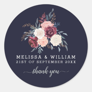 Vielen Dank, Floral Burgundy Wedding Navy Runder Aufkleber