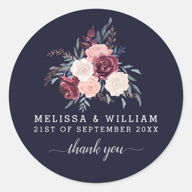 Vielen Dank, Floral Burgundy Wedding Navy Runder Aufkleber (Vorderseite)