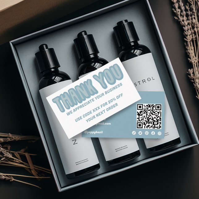 Vielen Dank für die Bestellung Social Icons QR Cod Visitenkarte (Hand lettered thank you notes with discount code, custom QR code, social media icons)
