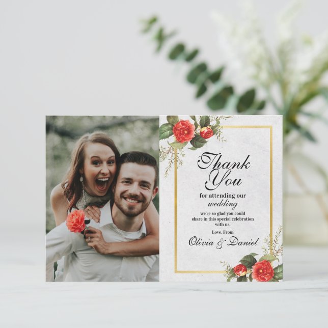 Vielen Dank für Ihr Hochzeitserlebnis Red Gold Wei Dankeskarte (Stehend Vorderseite)