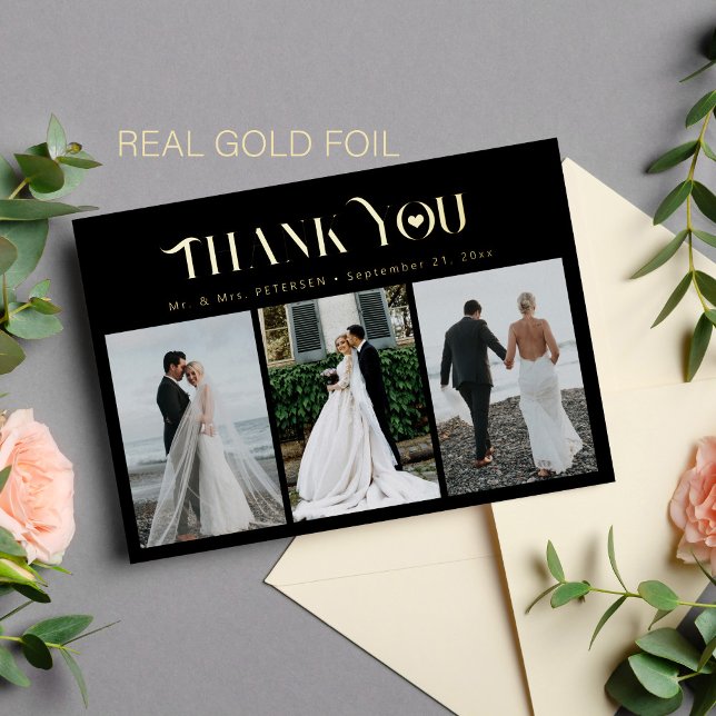 Vielen Dank für Ihre Hochzeit 3 Foto elegante Gold Folieneinladung (You can choose the color of the FOIL: GOLD, SILVER or ROSE GOLD)