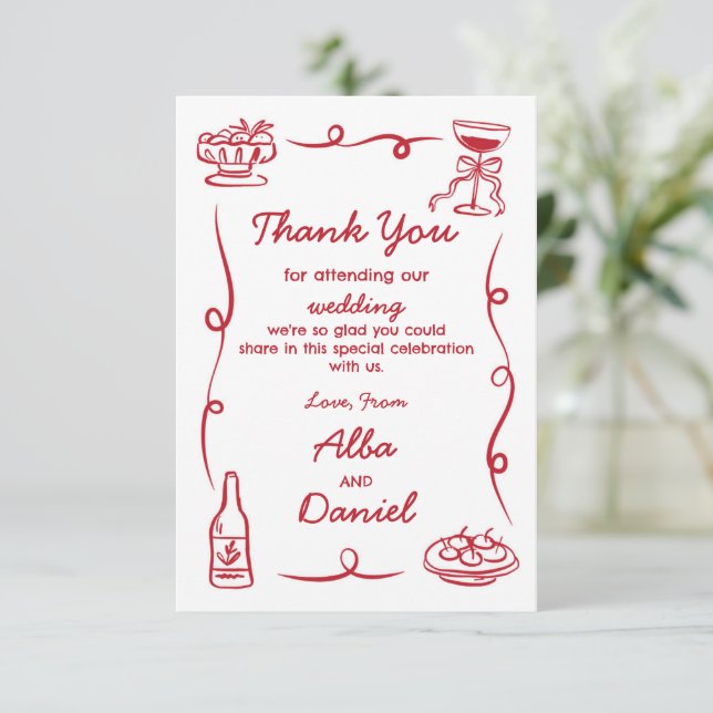 Vielen Dank für Ihre Hochzeit Whimsical Hand Drawn Dankeskarte (Stehend Vorderseite)